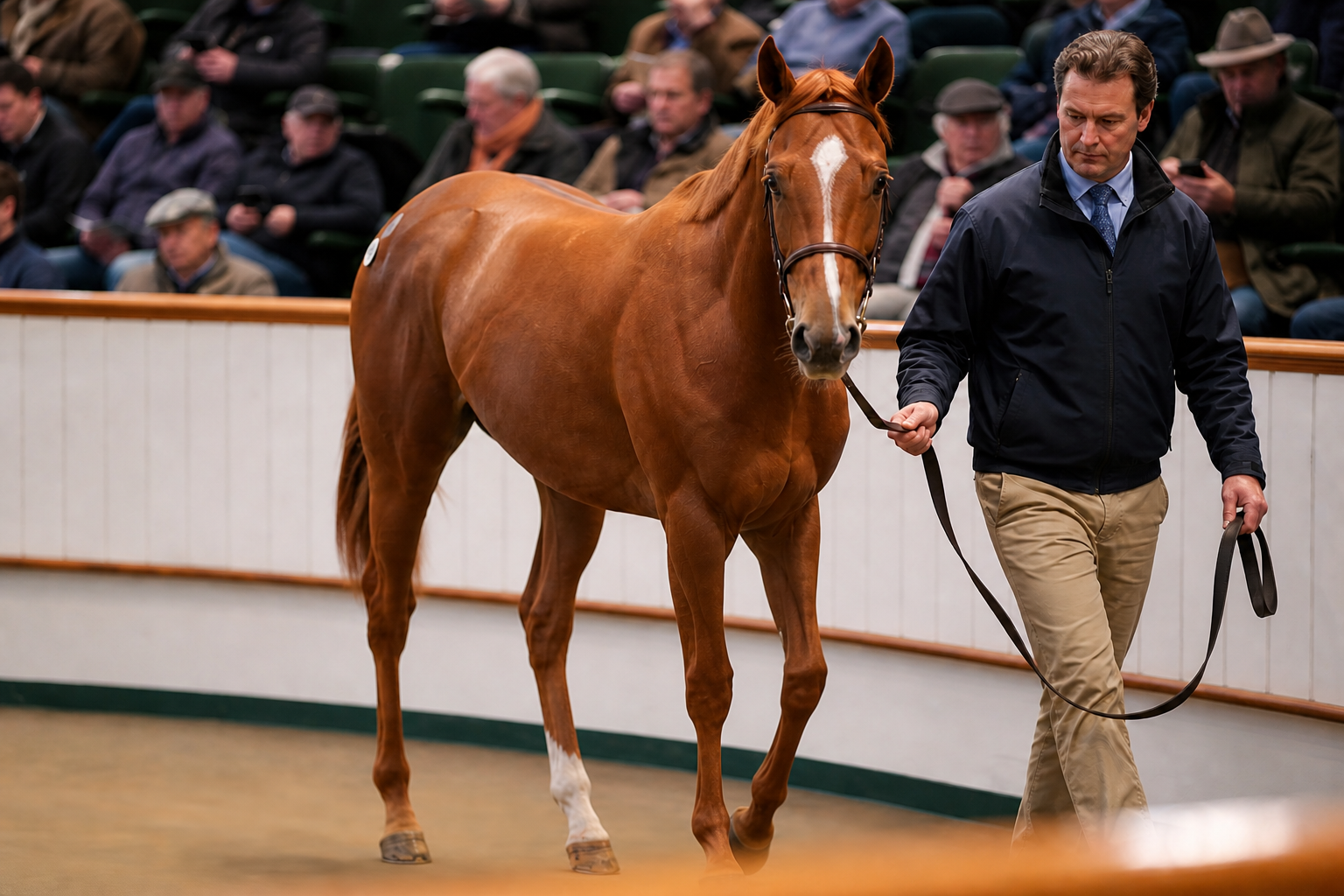 Chestnut horse being led in the sale ring